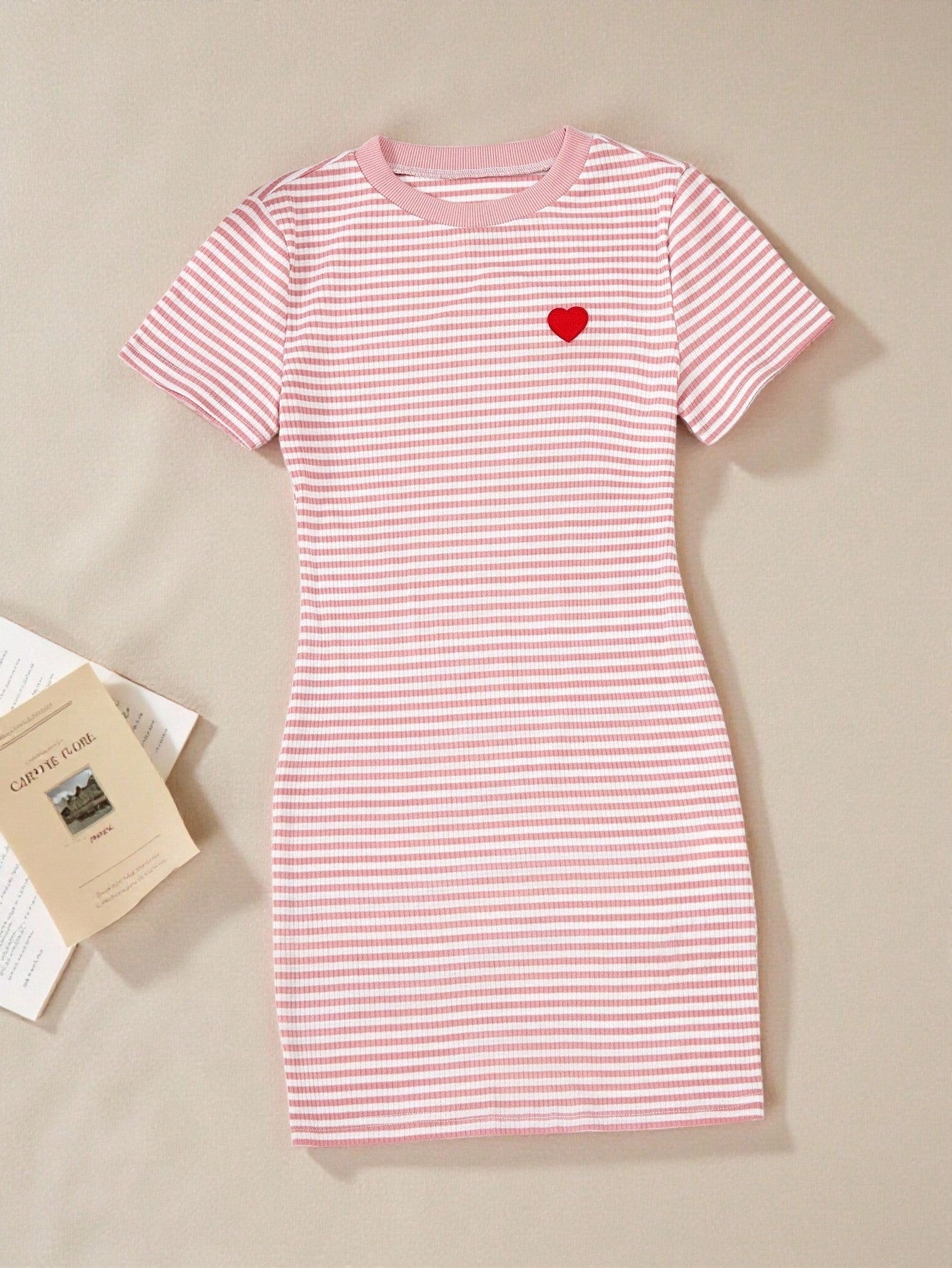 Girls black striped midi dress featuring short sleeves, round neck, slim fit, and flared hem.