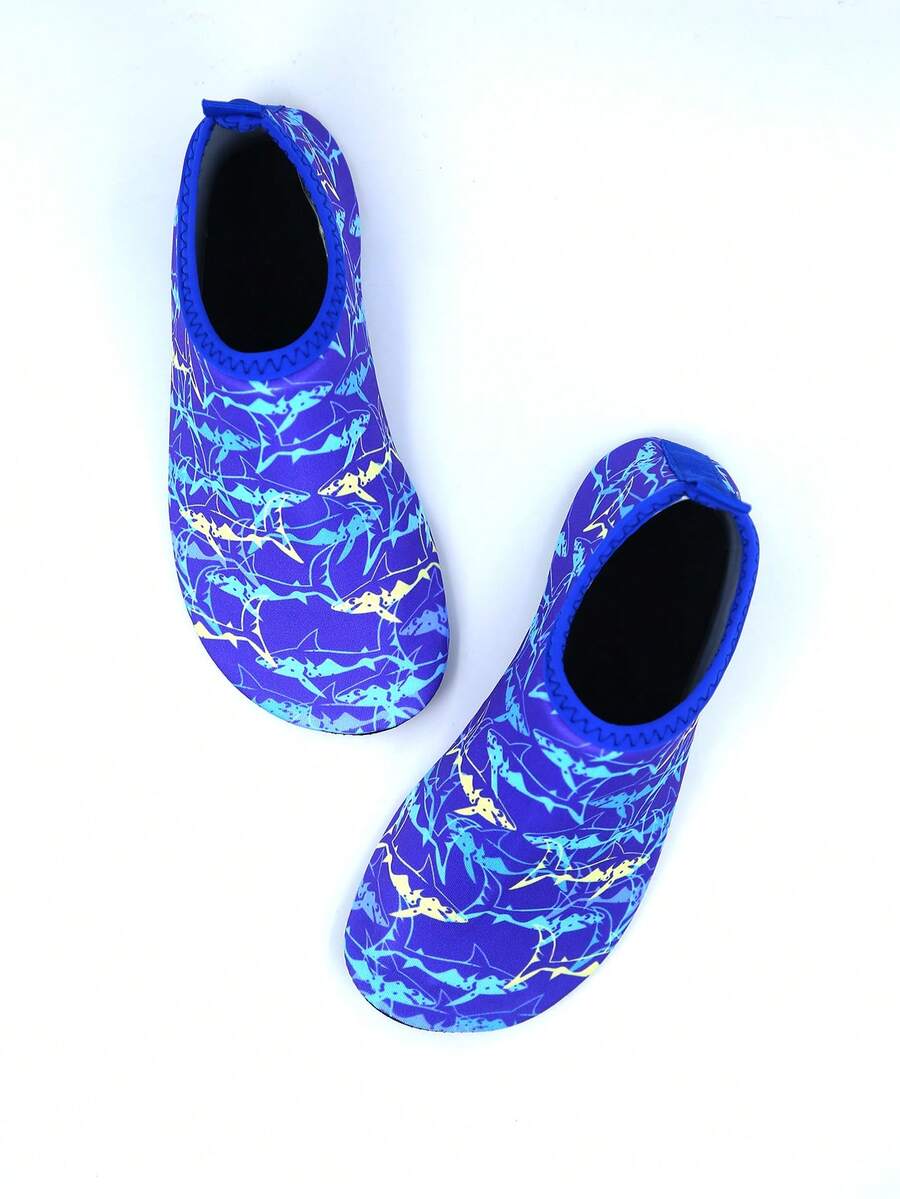 Kids slip-on aqua socks water shoes with breathable polyester upper and non-slip wear-resistant TPR outsole for boys and girls.