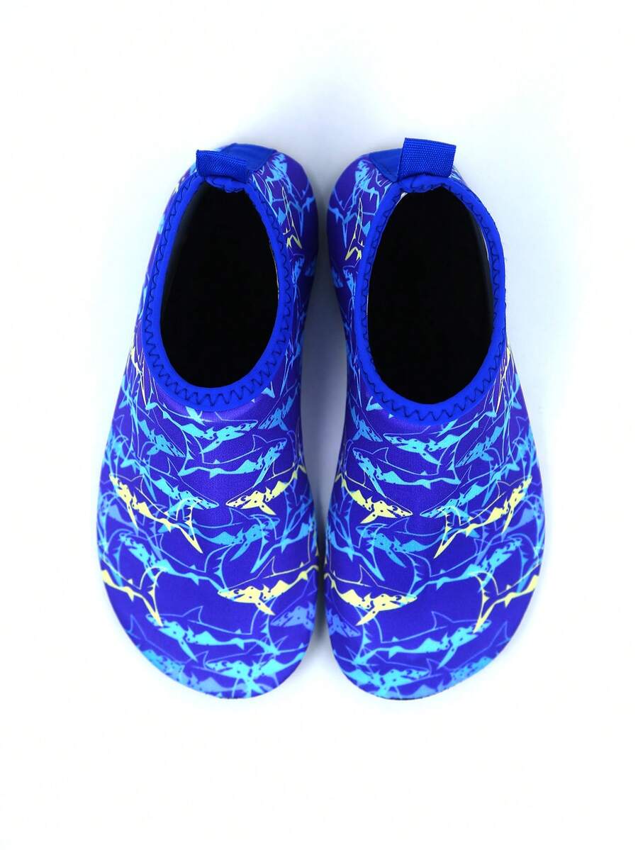 Kids slip-on aqua socks water shoes with breathable polyester upper and non-slip wear-resistant TPR outsole for boys and girls.