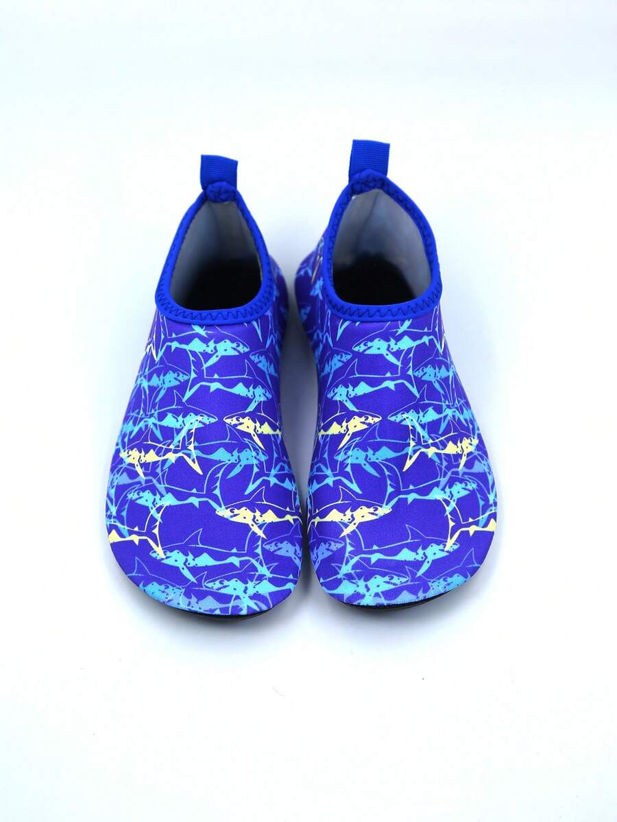 Kids slip-on aqua socks water shoes with breathable polyester upper and non-slip wear-resistant TPR outsole for boys and girls.