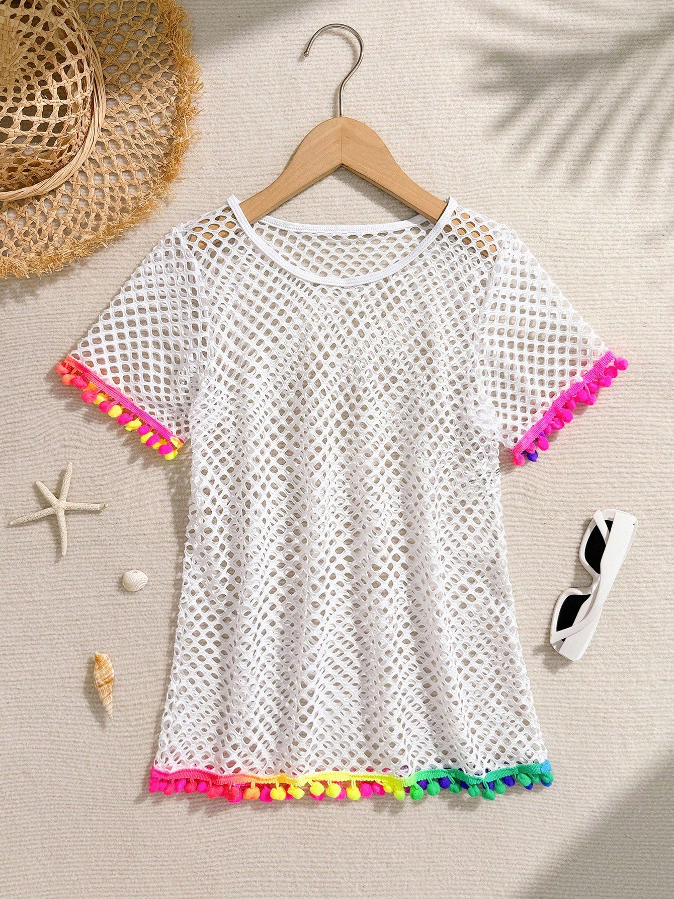 Tween Girl Fishnet Pom-Pom Decor Cover Up Summer Holiday
