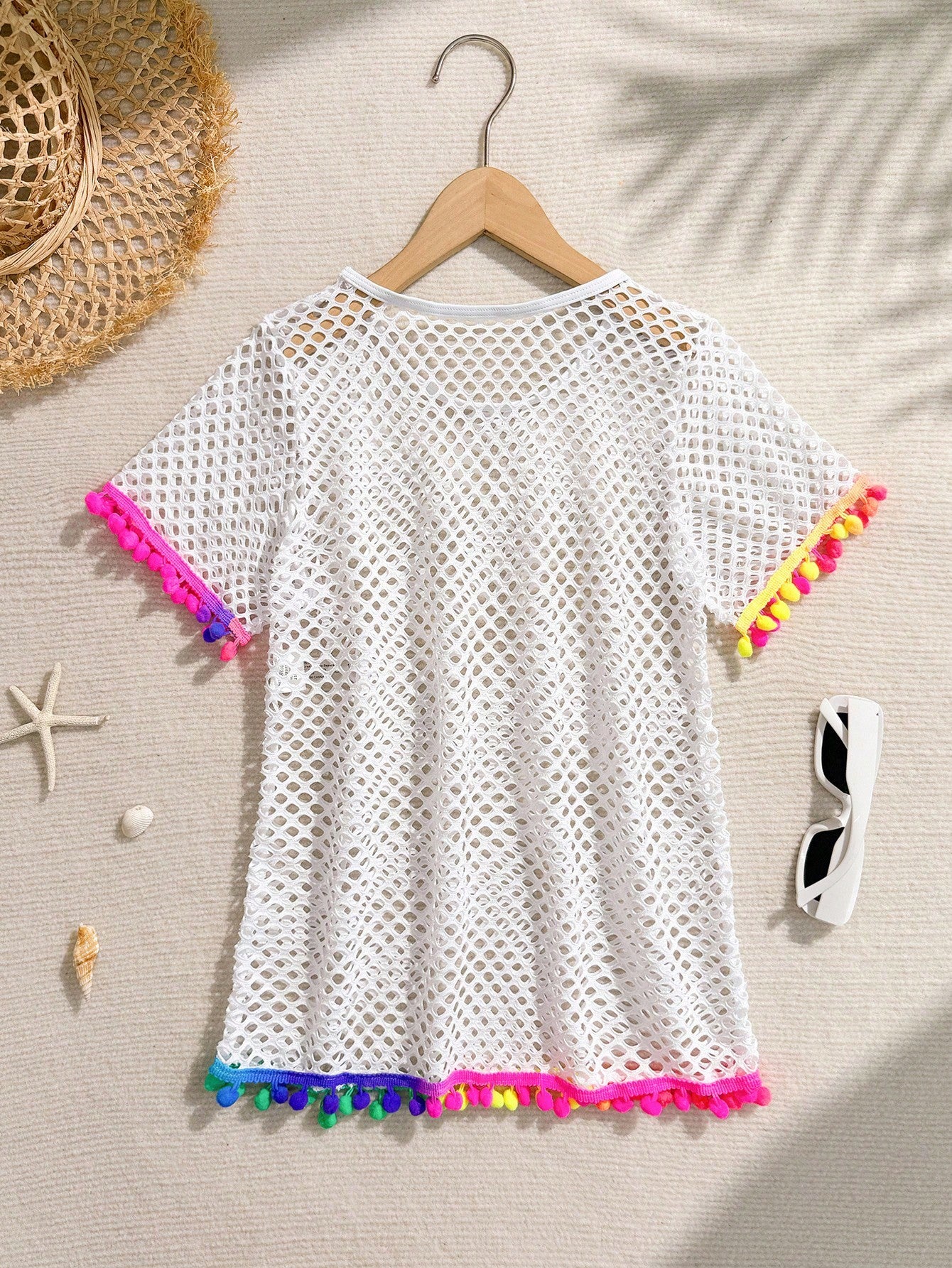 Tween Girl Fishnet Pom-Pom Decor Cover Up Summer Holiday