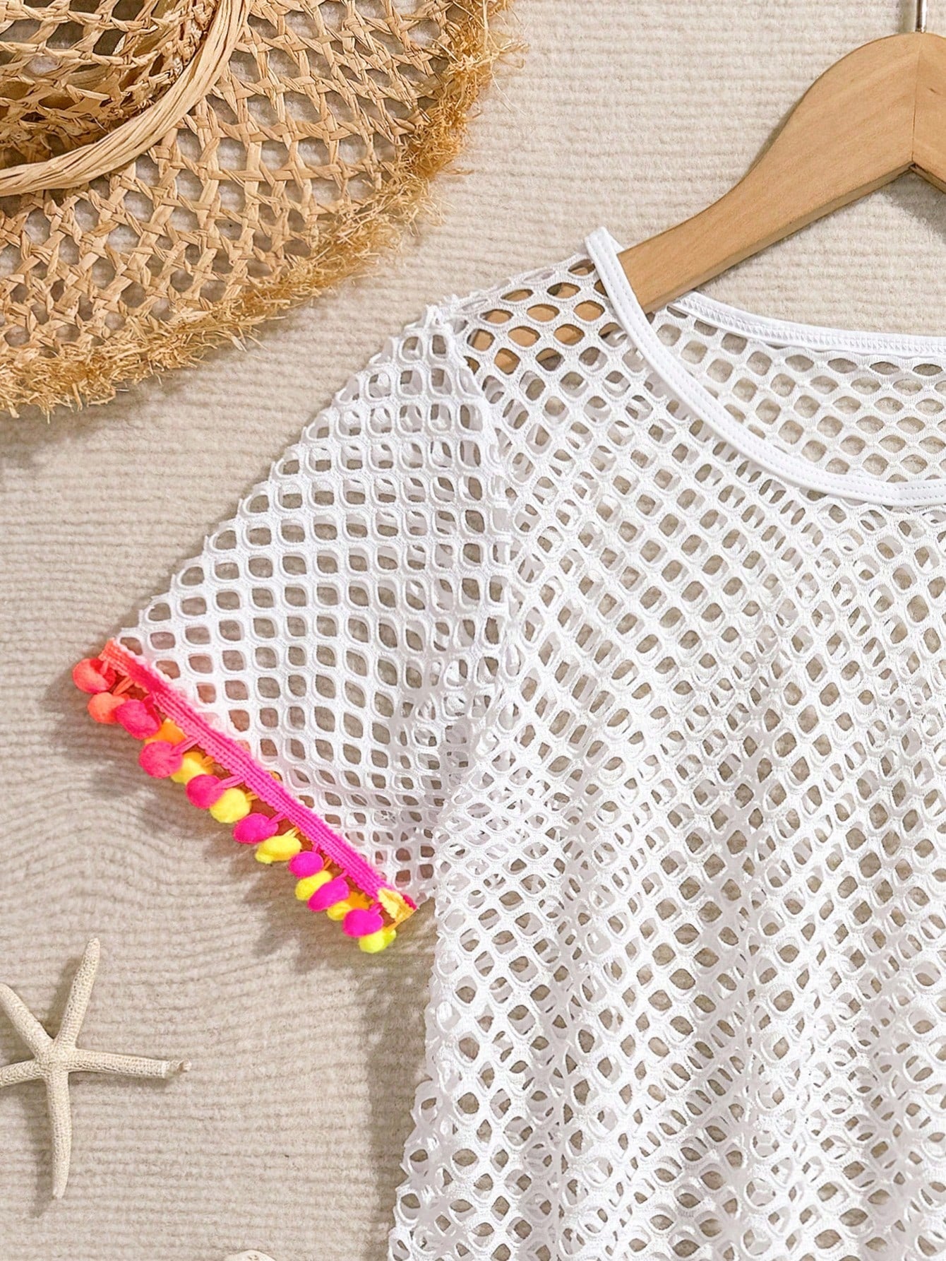 Tween Girl Fishnet Pom-Pom Decor Cover Up Summer Holiday
