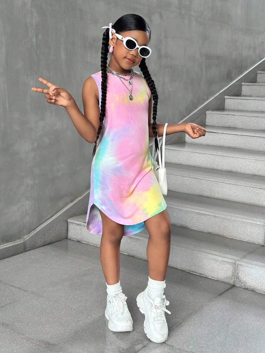 Tween girls sleeveless tie-dye tank dress with round neck, loose fit, short length, and asymmetrical hem in a casual streetwear style