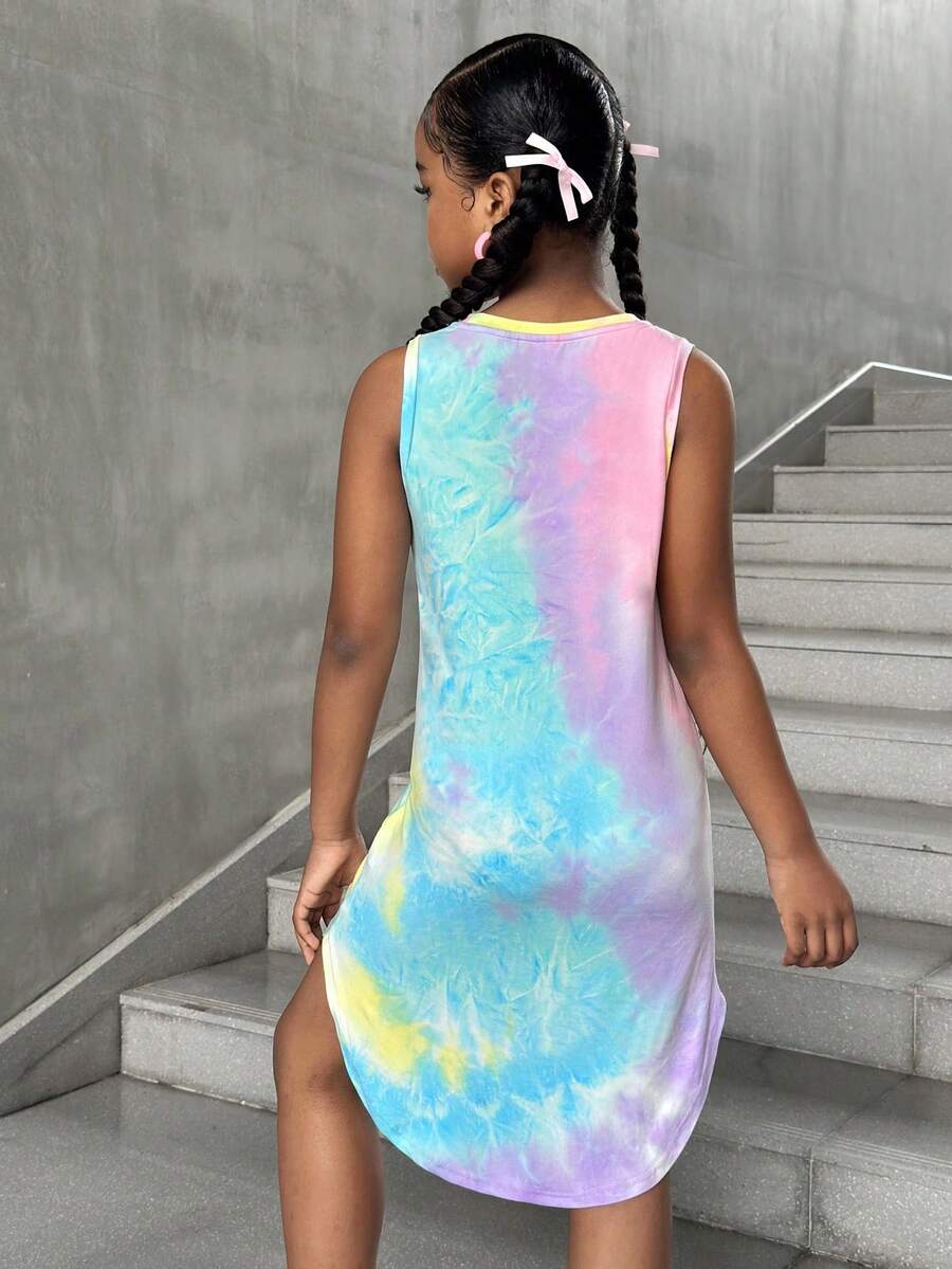 Tween girls sleeveless tie-dye tank dress with round neck, loose fit, short length, and asymmetrical hem in a casual streetwear style