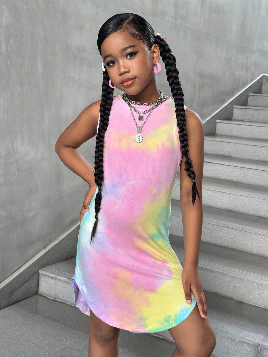 Tween girls sleeveless tie-dye tank dress with round neck, loose fit, short length, and asymmetrical hem in a casual streetwear style