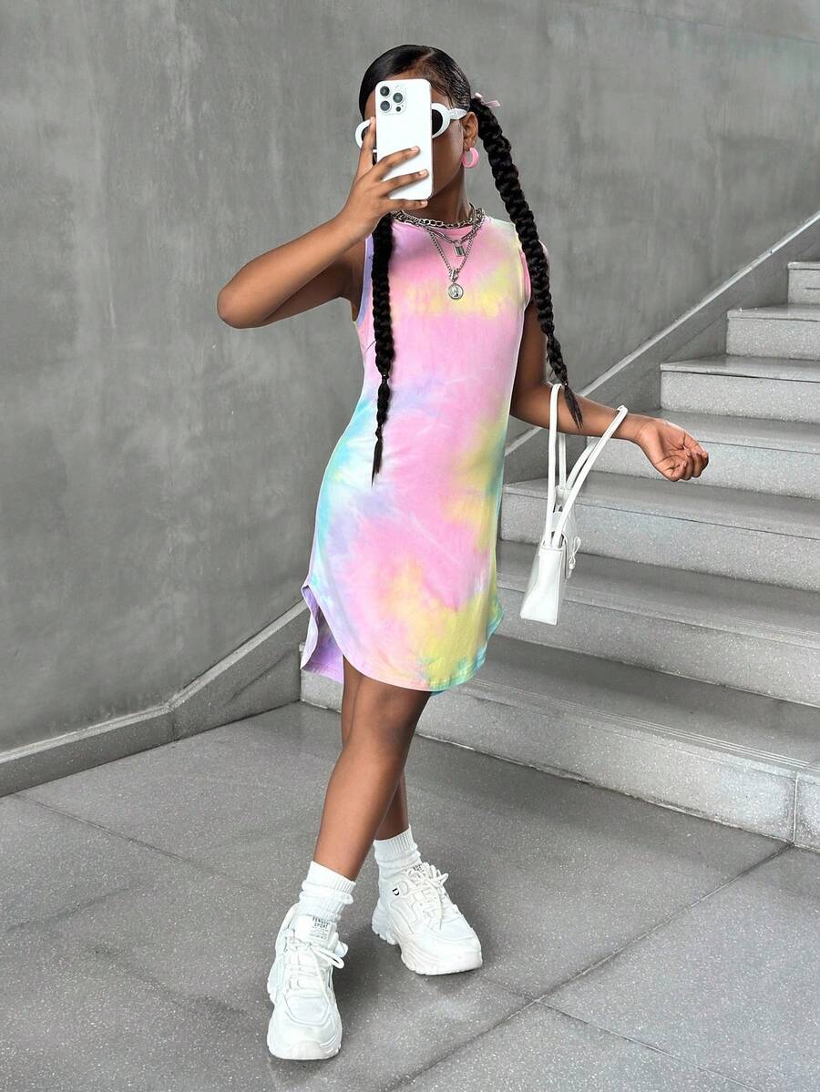 Tween girls sleeveless tie-dye tank dress with round neck, loose fit, short length, and asymmetrical hem in a casual streetwear style