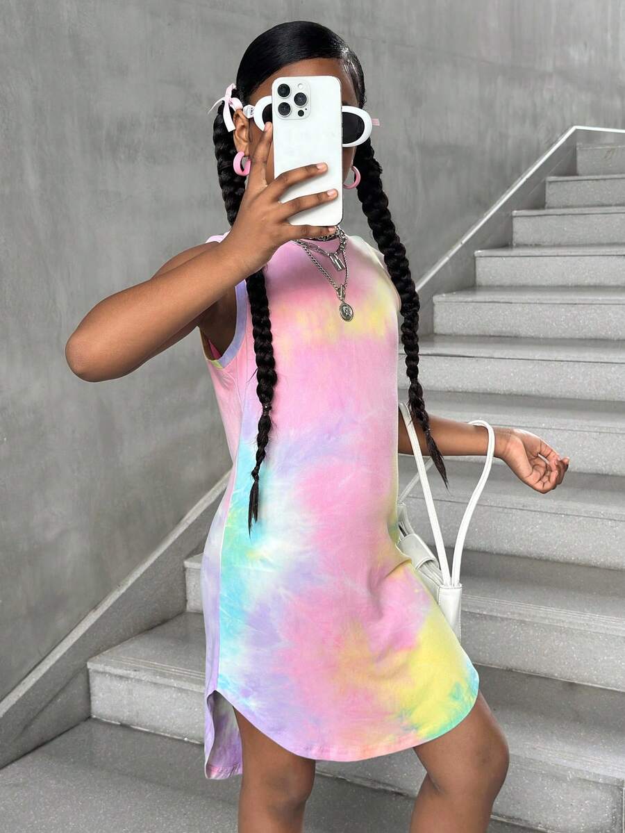Tween girls sleeveless tie-dye tank dress with round neck, loose fit, short length, and asymmetrical hem in a casual streetwear style