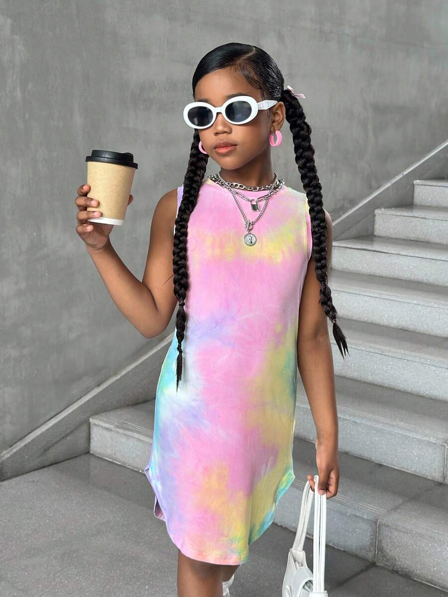 Tween girls sleeveless tie-dye tank dress with round neck, loose fit, short length, and asymmetrical hem in a casual streetwear style
