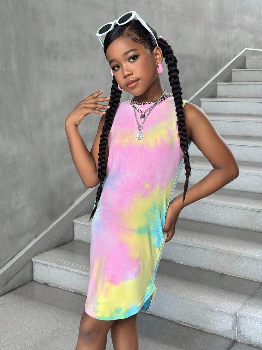 Tween girls sleeveless tie-dye tank dress with round neck, loose fit, short length, and asymmetrical hem in a casual streetwear style