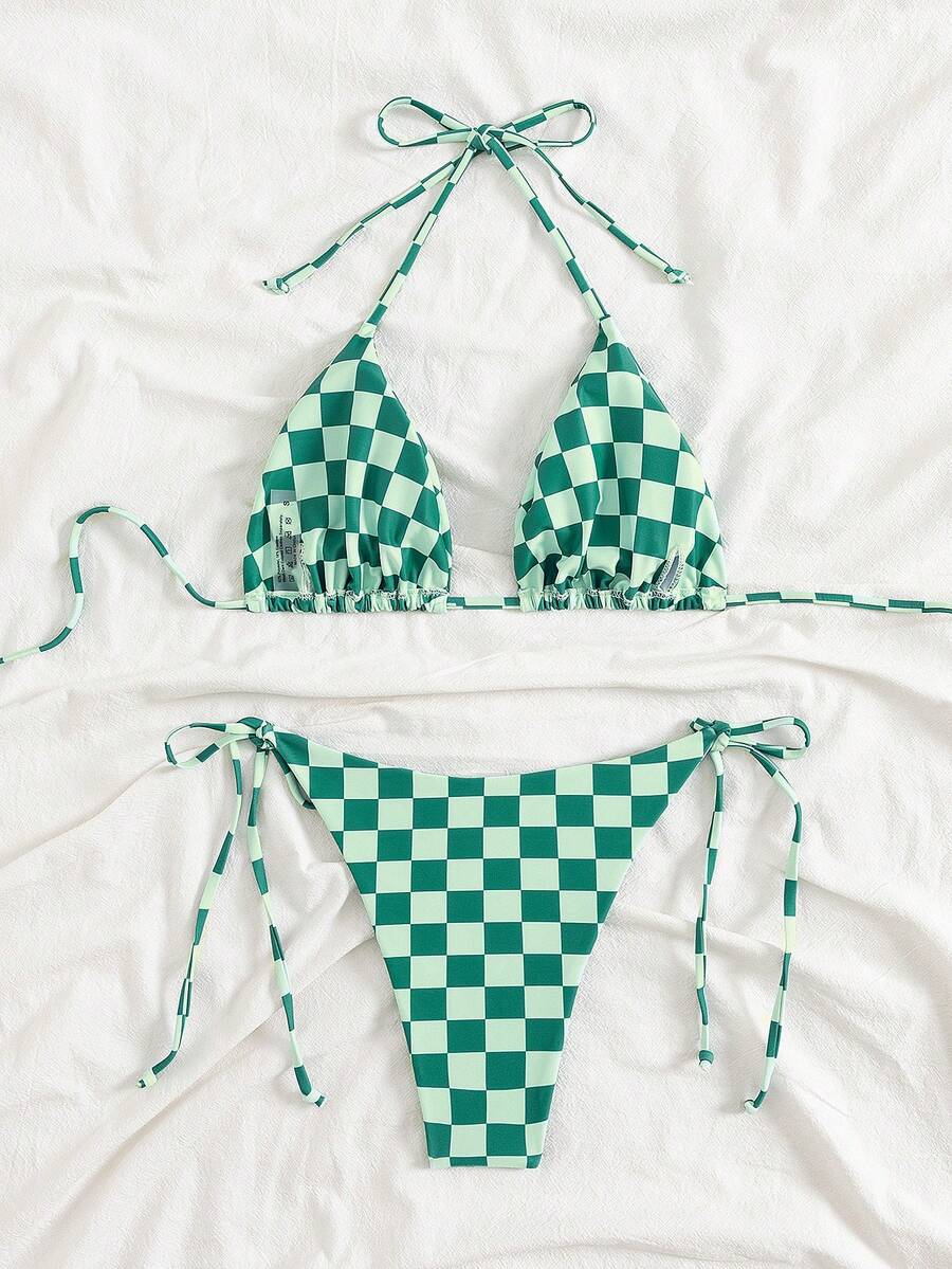 Multicolor striped halter neck two-piece bikini set featuring wireless triangle cups and low-waist tie-side bottoms.
