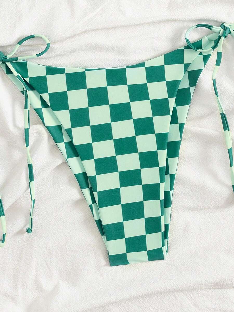 Multicolor striped halter neck two-piece bikini set featuring wireless triangle cups and low-waist tie-side bottoms.