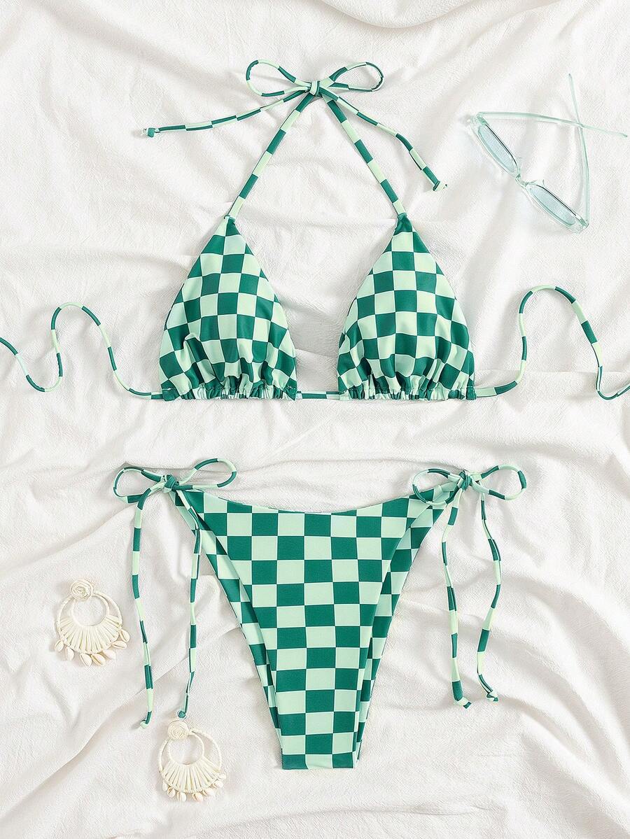 Multicolor striped halter neck two-piece bikini set featuring wireless triangle cups and low-waist tie-side bottoms.