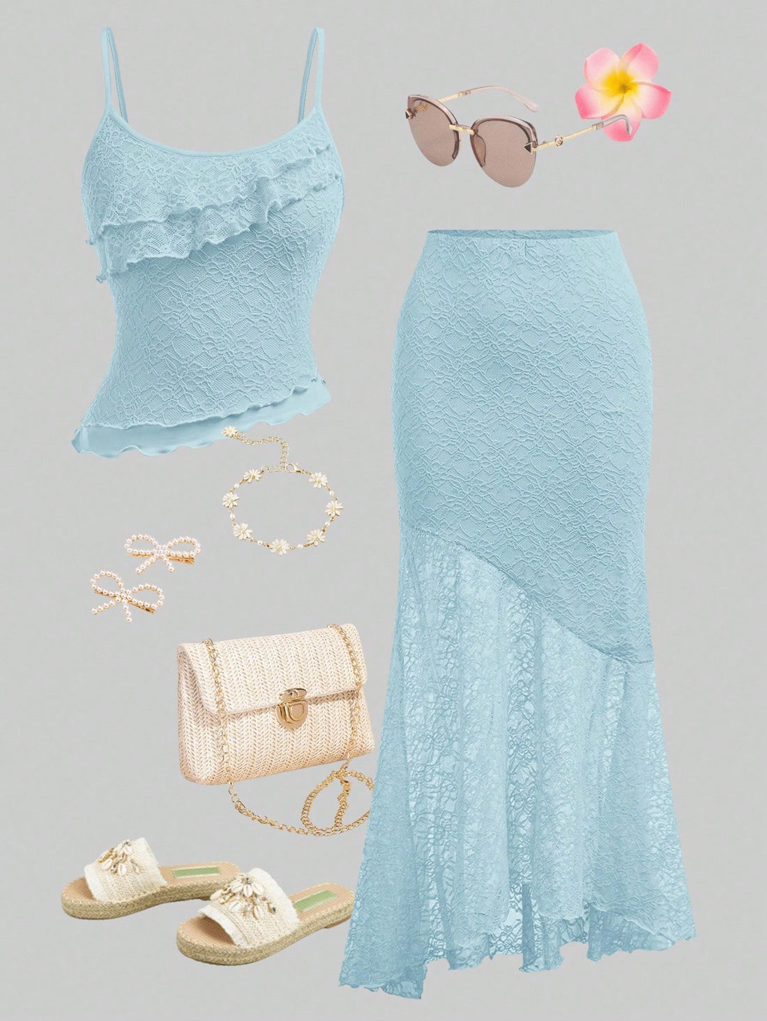Tween girls blue 2-piece set featuring a short spaghetti strap lace tank top with asymmetrical lettuce trim and a long matching skirt.