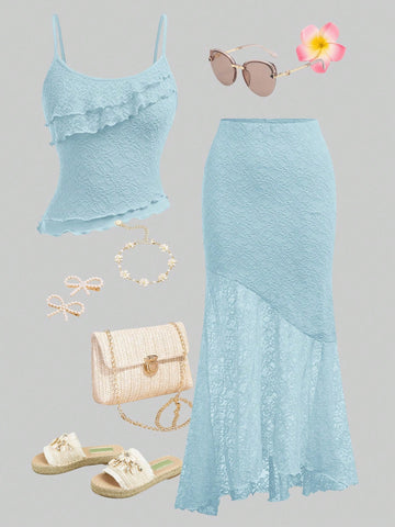 Tween girls blue 2-piece set featuring a short spaghetti strap lace tank top with asymmetrical lettuce trim and a long matching skirt.