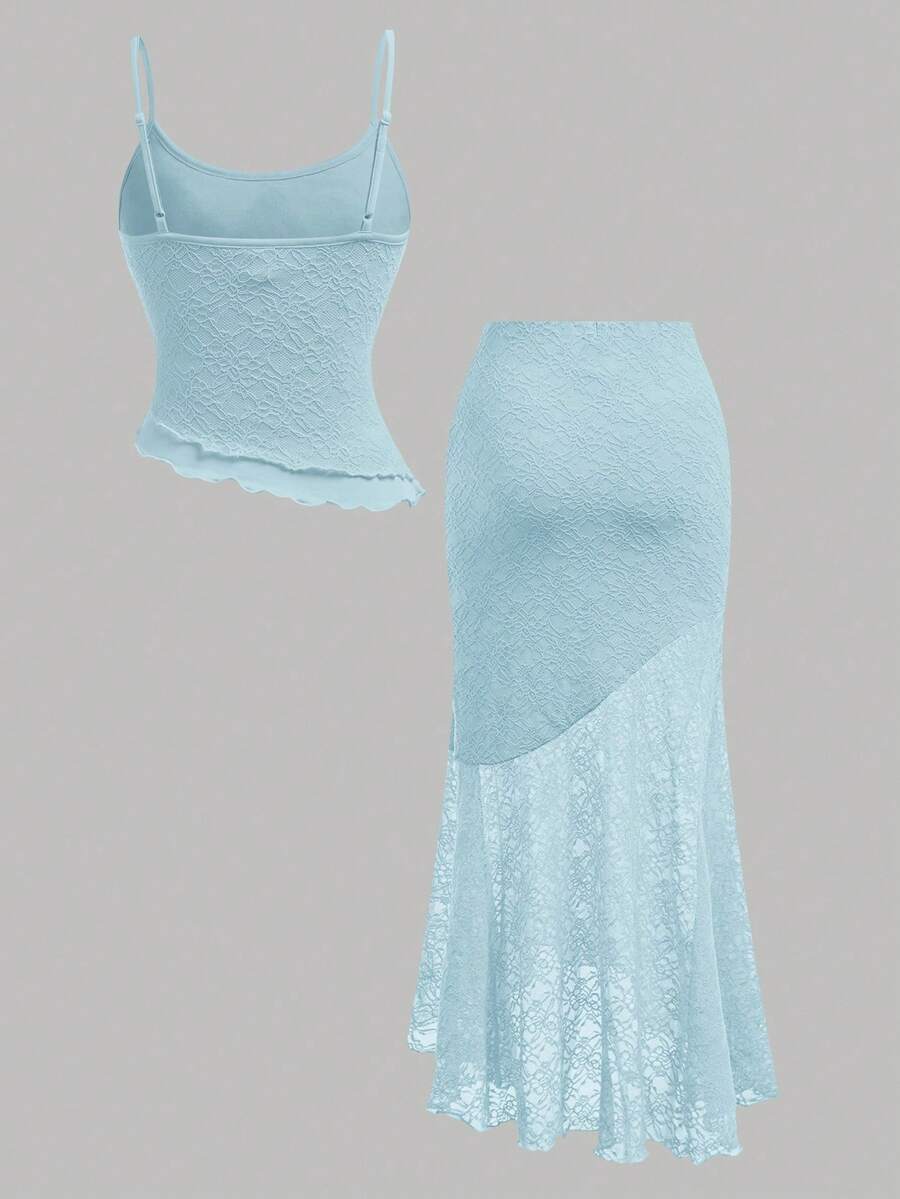 Tween girls blue 2-piece set featuring a short spaghetti strap lace tank top with asymmetrical lettuce trim and a long matching skirt.