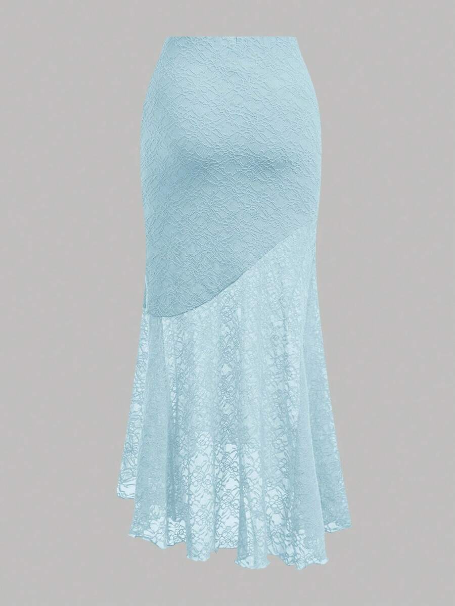 Tween girls blue 2-piece set featuring a short spaghetti strap lace tank top with asymmetrical lettuce trim and a long matching skirt.