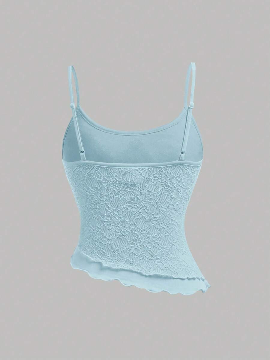 Tween girls blue 2-piece set featuring a short spaghetti strap lace tank top with asymmetrical lettuce trim and a long matching skirt.