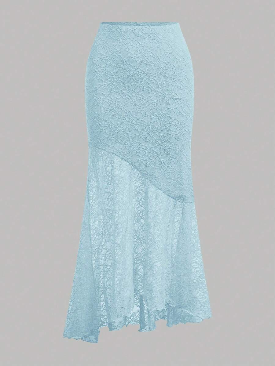 Tween girls blue 2-piece set featuring a short spaghetti strap lace tank top with asymmetrical lettuce trim and a long matching skirt.