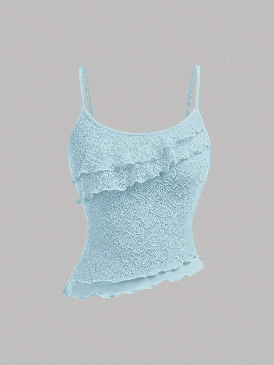 Tween girls blue 2-piece set featuring a short spaghetti strap lace tank top with asymmetrical lettuce trim and a long matching skirt.