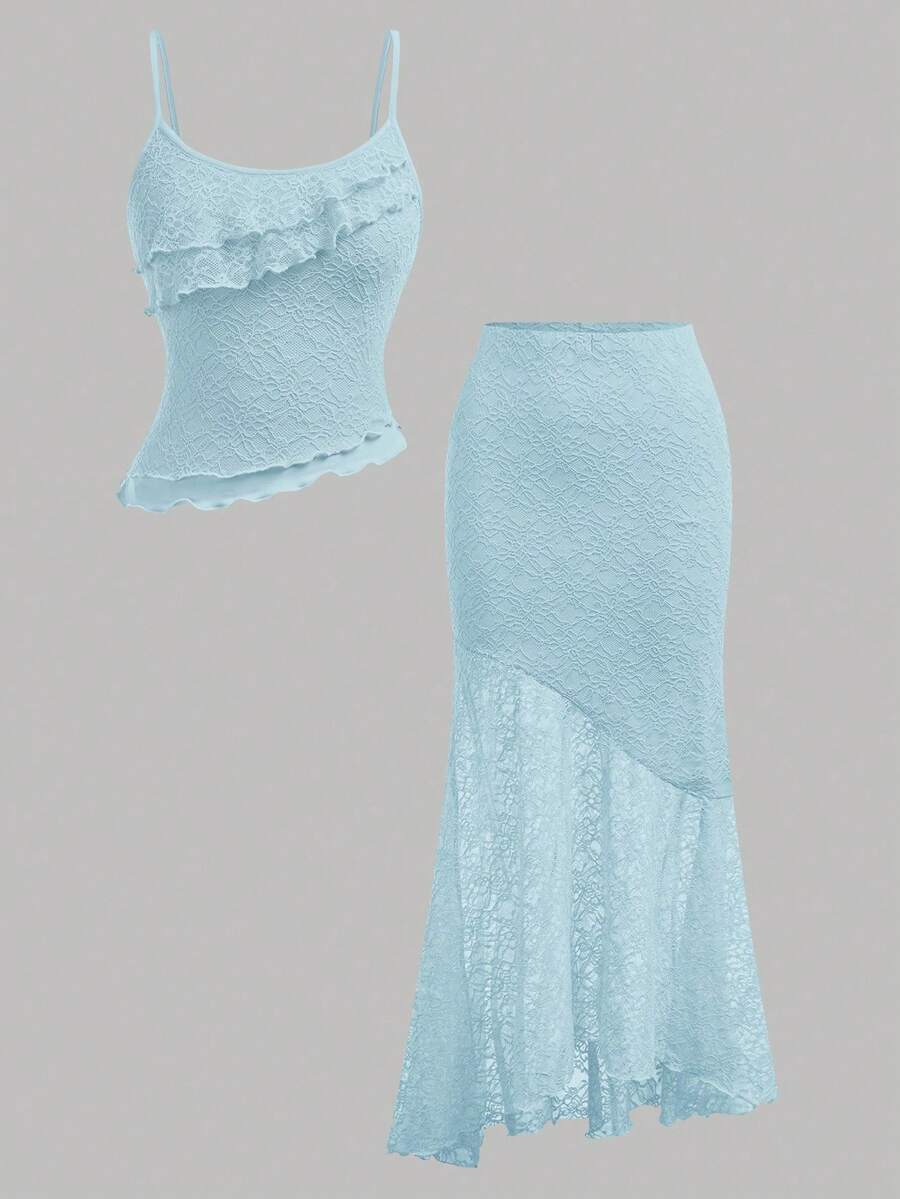 Tween girls blue 2-piece set featuring a short spaghetti strap lace tank top with asymmetrical lettuce trim and a long matching skirt.