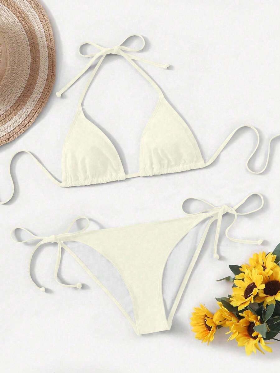 Women's high waist halter tie bikini swimwear set featuring triangle cups, wireless bra with removable padding, and tie side bottoms.
