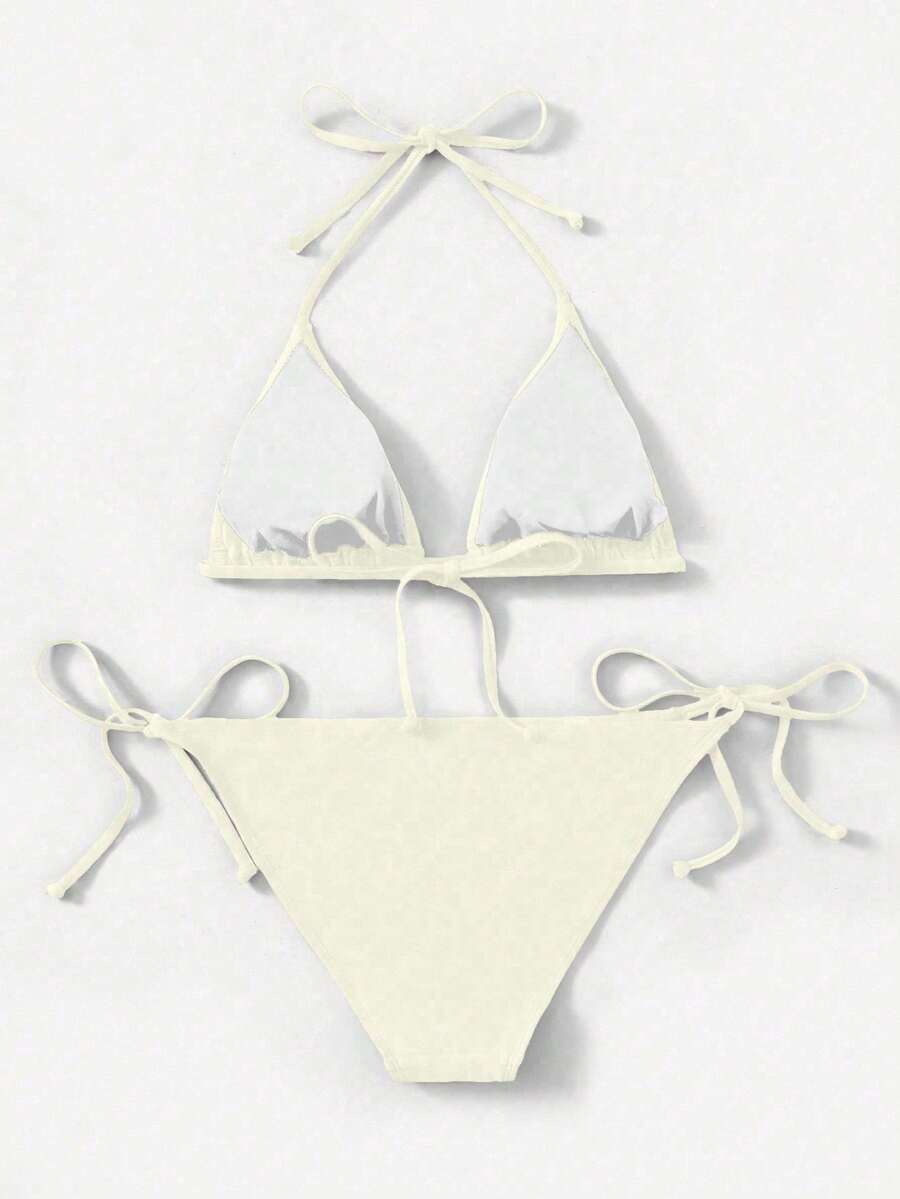 Women's high waist halter tie bikini swimwear set featuring triangle cups, wireless bra with removable padding, and tie side bottoms.