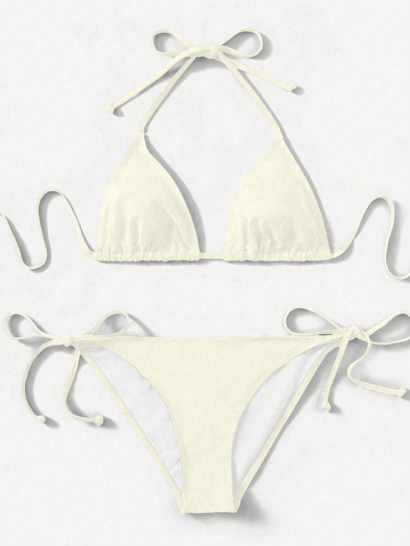 Women's high waist halter tie bikini swimwear set featuring triangle cups, wireless bra with removable padding, and tie side bottoms.