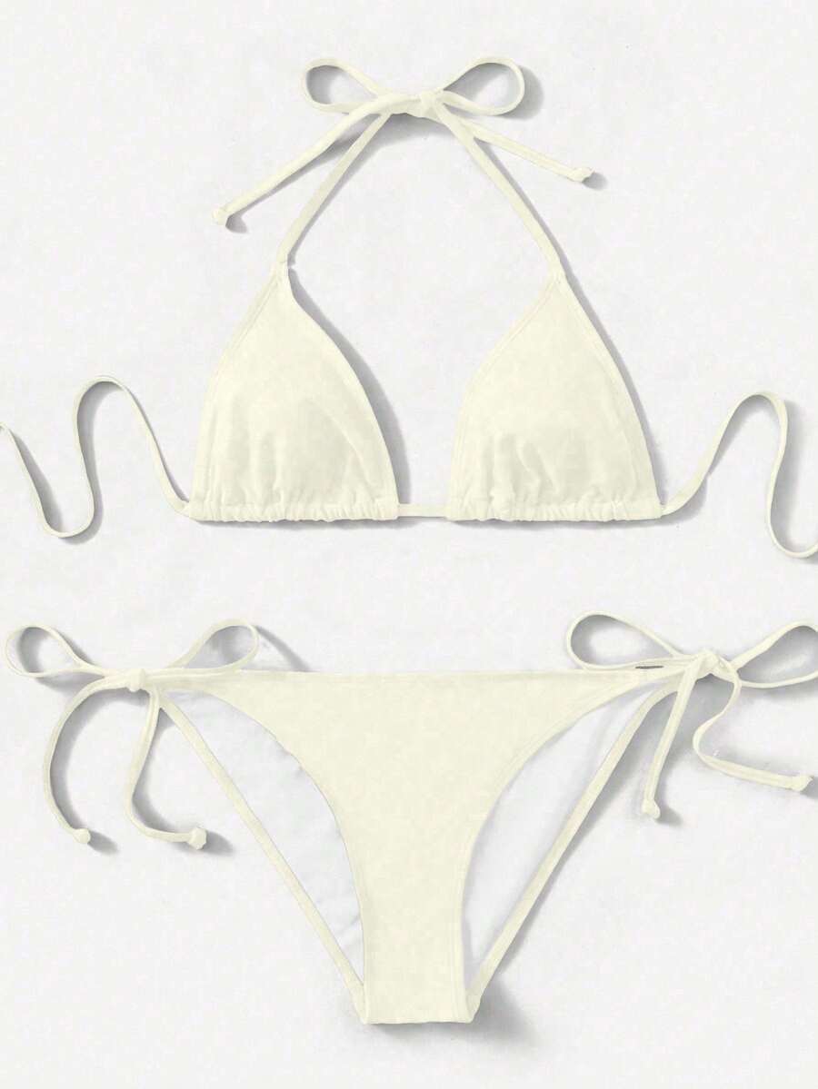 Women's high waist halter tie bikini swimwear set featuring triangle cups, wireless bra with removable padding, and tie side bottoms.
