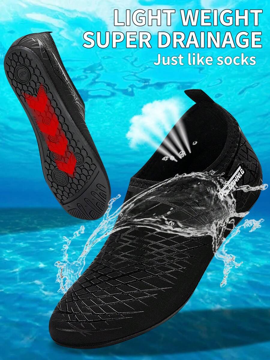 Black slip-on kids water shoes with a graphic pattern fabric upper and wear-resistant rubber outsole for boys and girls.
