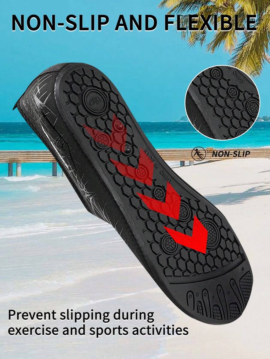 Black slip-on kids water shoes with a graphic pattern fabric upper and wear-resistant rubber outsole for boys and girls.