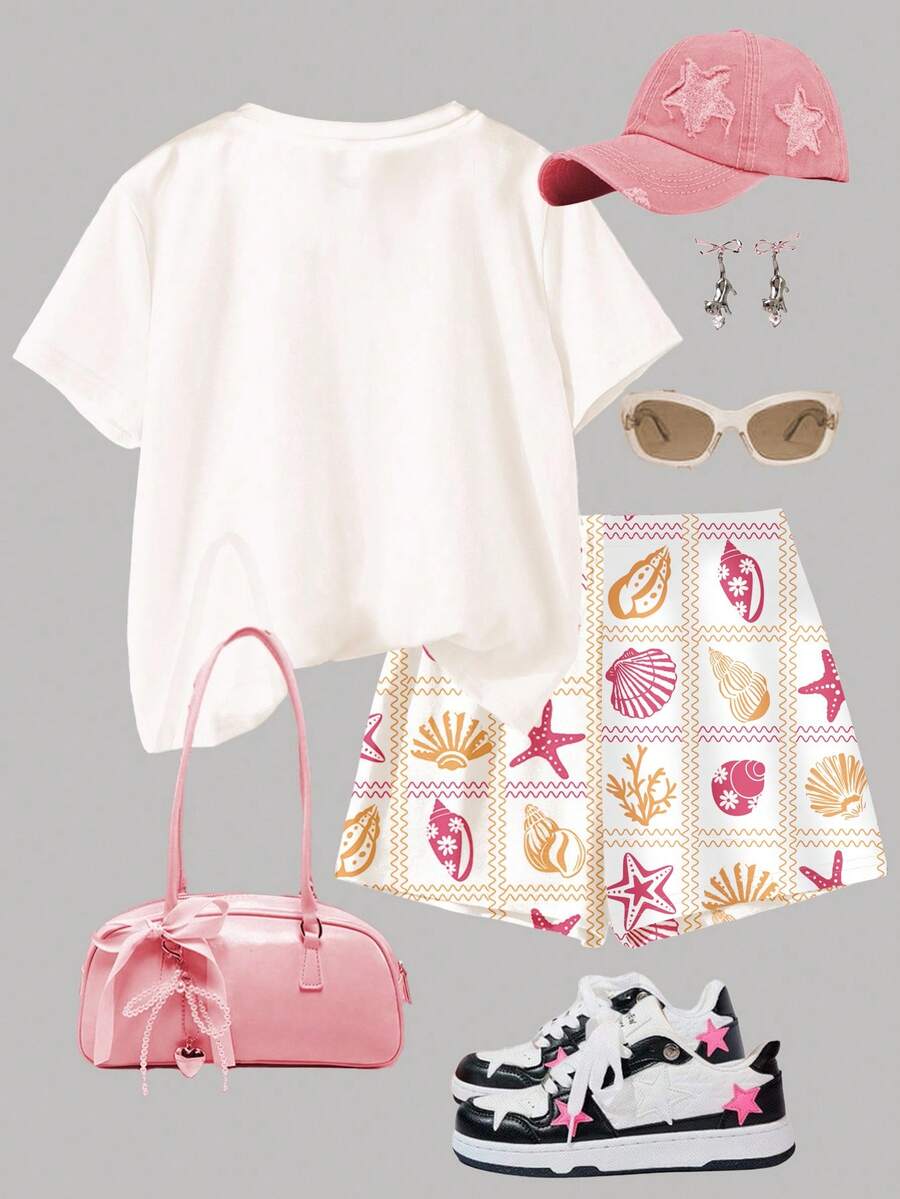 Tween girls 2-piece summer casual outfit featuring a multicolor seashell print short sleeve T-shirt with drop shoulders and matching loose fit shorts with pockets.