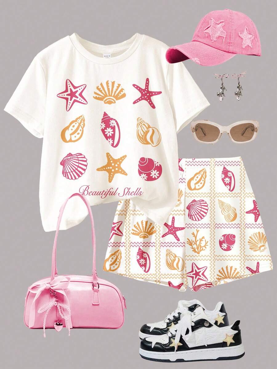 Tween girls 2-piece summer casual outfit featuring a multicolor seashell print short sleeve T-shirt with drop shoulders and matching loose fit shorts with pockets.
