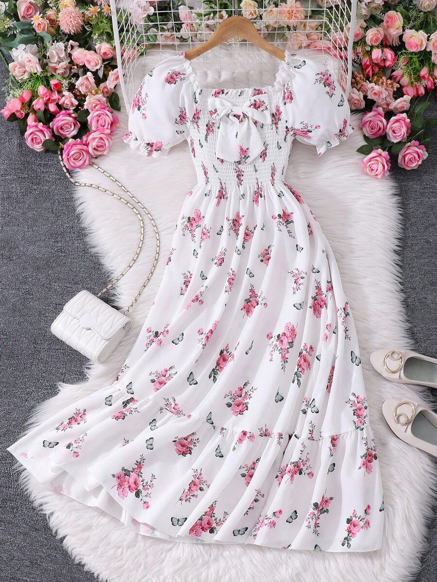 Tween girls black and white geometric short sleeve midi dress with square neck and bow front decor