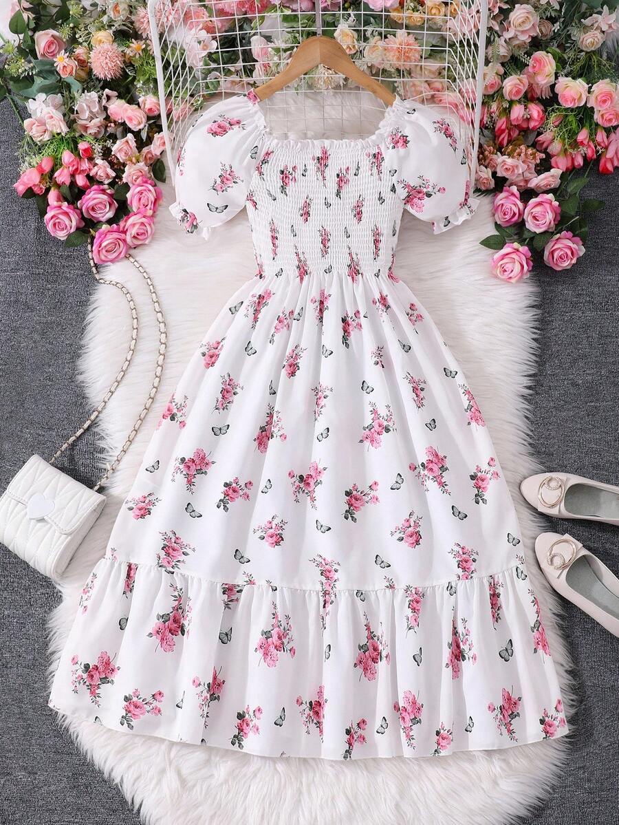 Tween girls black and white geometric short sleeve midi dress with square neck and bow front decor