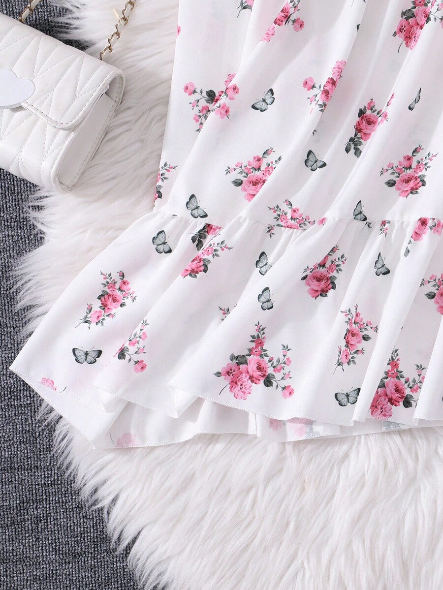 Tween girls black and white geometric short sleeve midi dress with square neck and bow front decor