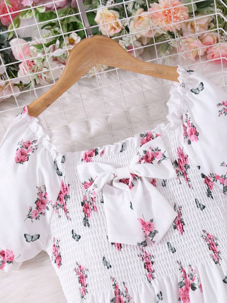 Tween girls black and white geometric short sleeve midi dress with square neck and bow front decor