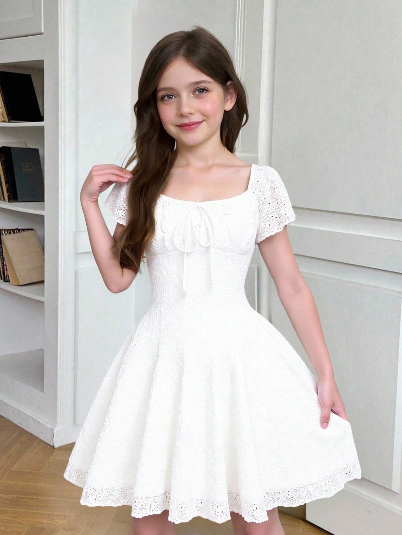 White eyelet lace A-line mini dress for tween girls with short puff sleeves, sweetheart neckline, high waist, and flared hem
