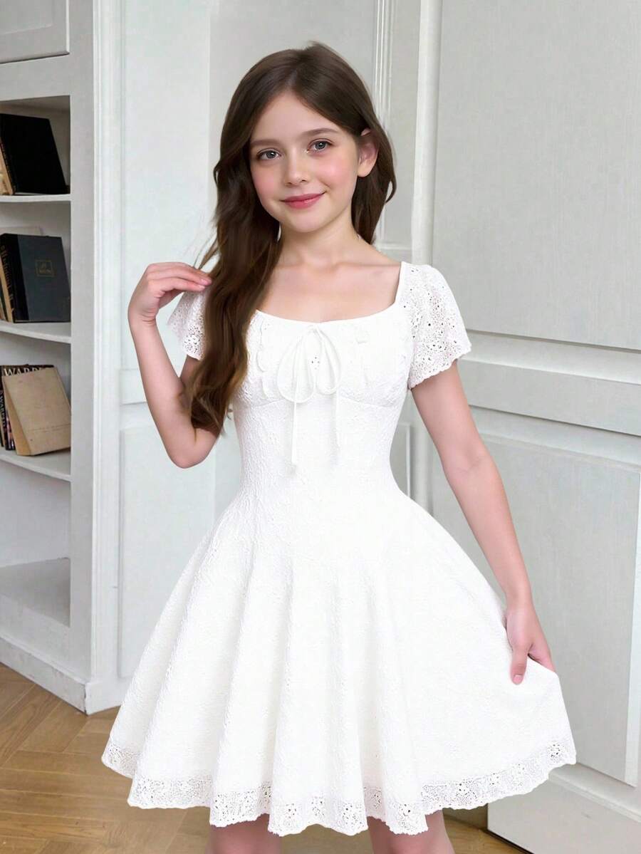 White eyelet lace A-line mini dress for tween girls with short puff sleeves, sweetheart neckline, high waist, and flared hem
