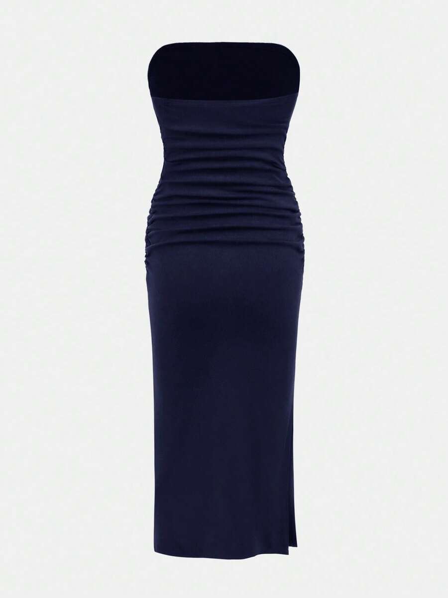 Tween girl sleeveless cami midi dress with strapless neckline, plant pattern, slim fit, natural waist, and slit hem in a multicolor vacation style.