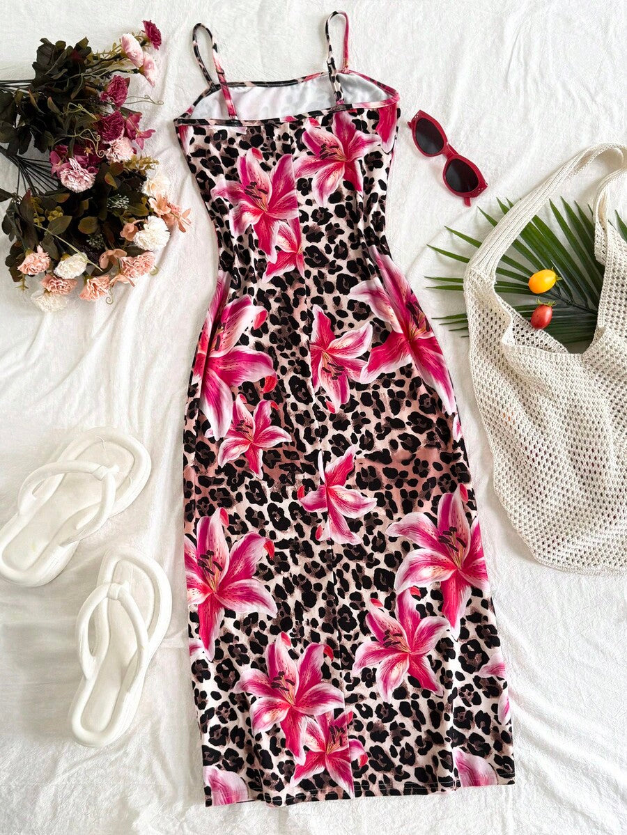 Tween girls black cami midi dress featuring plant print, spaghetti straps, slim fit, and a flared hem.