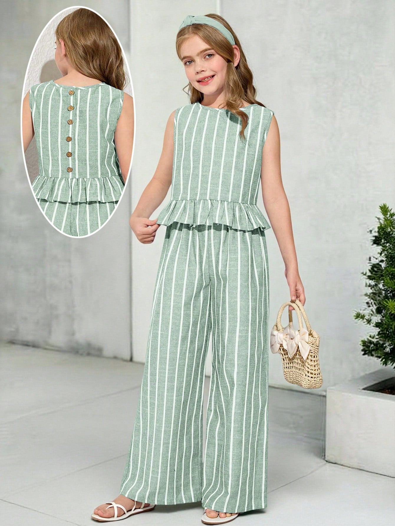 Tween girls casual apricot striped sleeveless top with round neck and ruffle hem paired with matching straight leg pants.