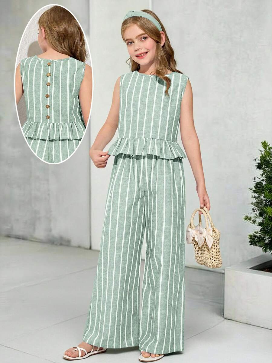 Tween girls casual apricot striped sleeveless top with round neck and ruffle hem paired with matching straight leg pants.