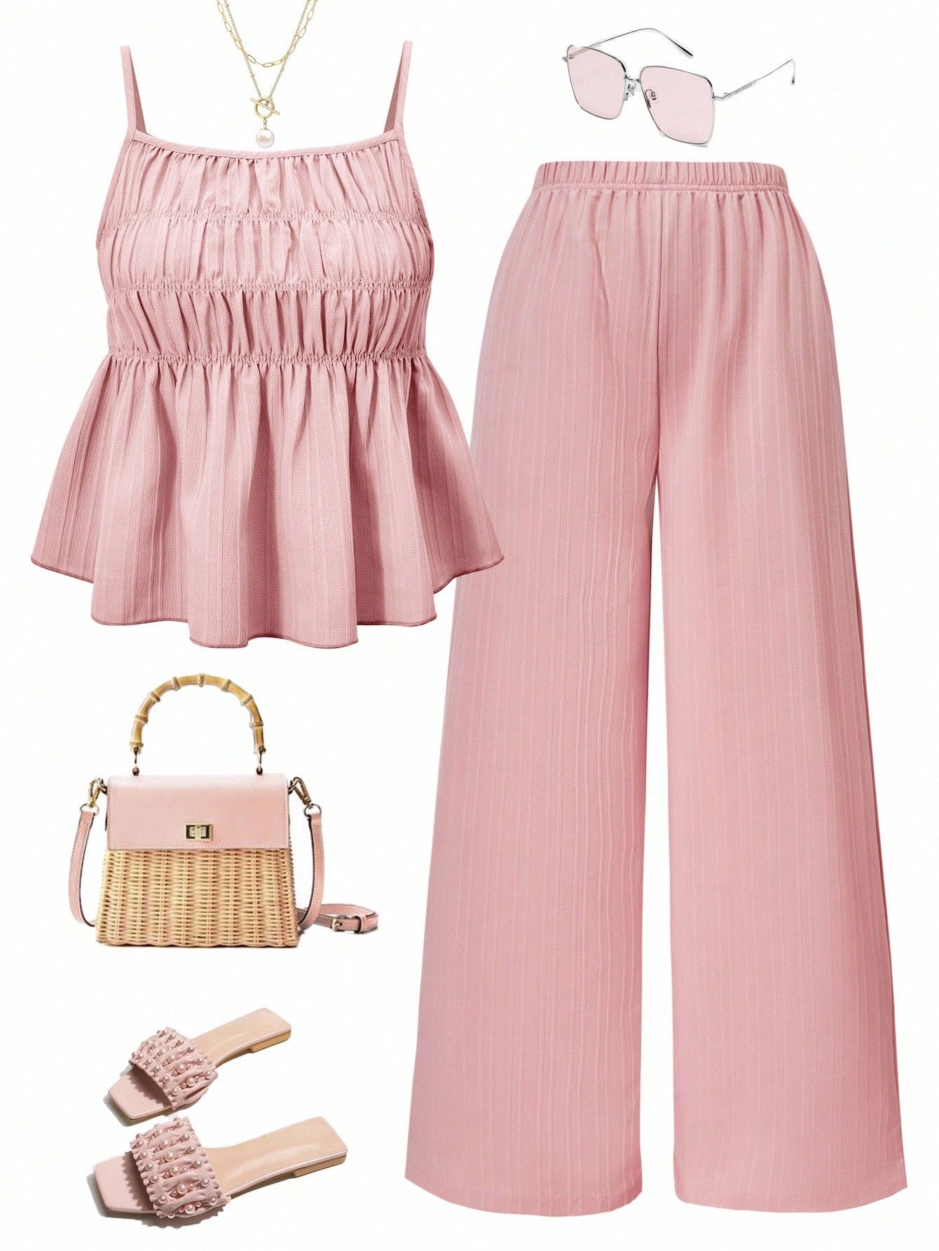 Tween girl wearing an apricot 2-piece outfit set featuring a shirred spaghetti strap short cami top and matching wide-leg long pants.