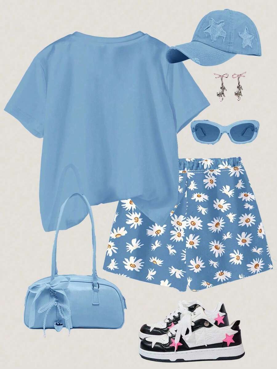 Tween girls 2-piece summer casual outfit featuring a multicolor seashell print short sleeve T-shirt with drop shoulders and matching loose fit shorts with pockets.