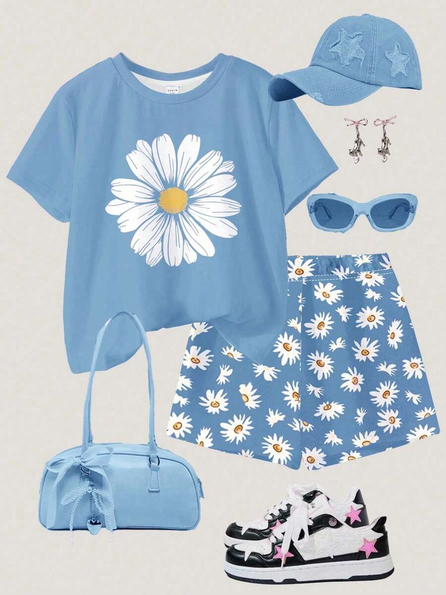 Tween girls 2-piece summer casual outfit featuring a multicolor seashell print short sleeve T-shirt with drop shoulders and matching loose fit shorts with pockets.