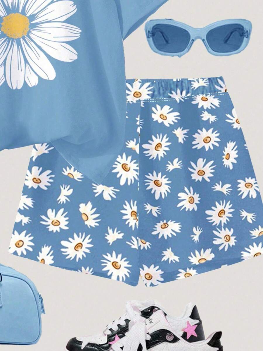 Tween girls 2-piece summer casual outfit featuring a multicolor seashell print short sleeve T-shirt with drop shoulders and matching loose fit shorts with pockets.
