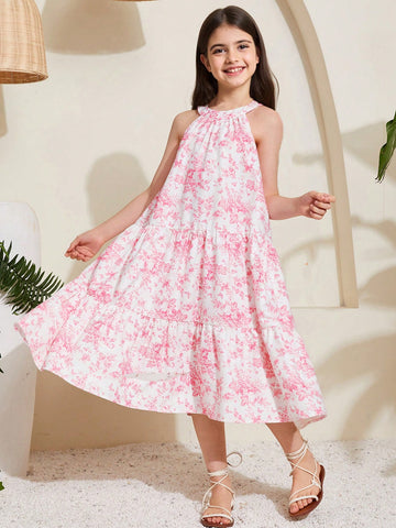 Baby pink floral halter midi dress for tween girls featuring a boho A-line silhouette with ruffle and shirred details.