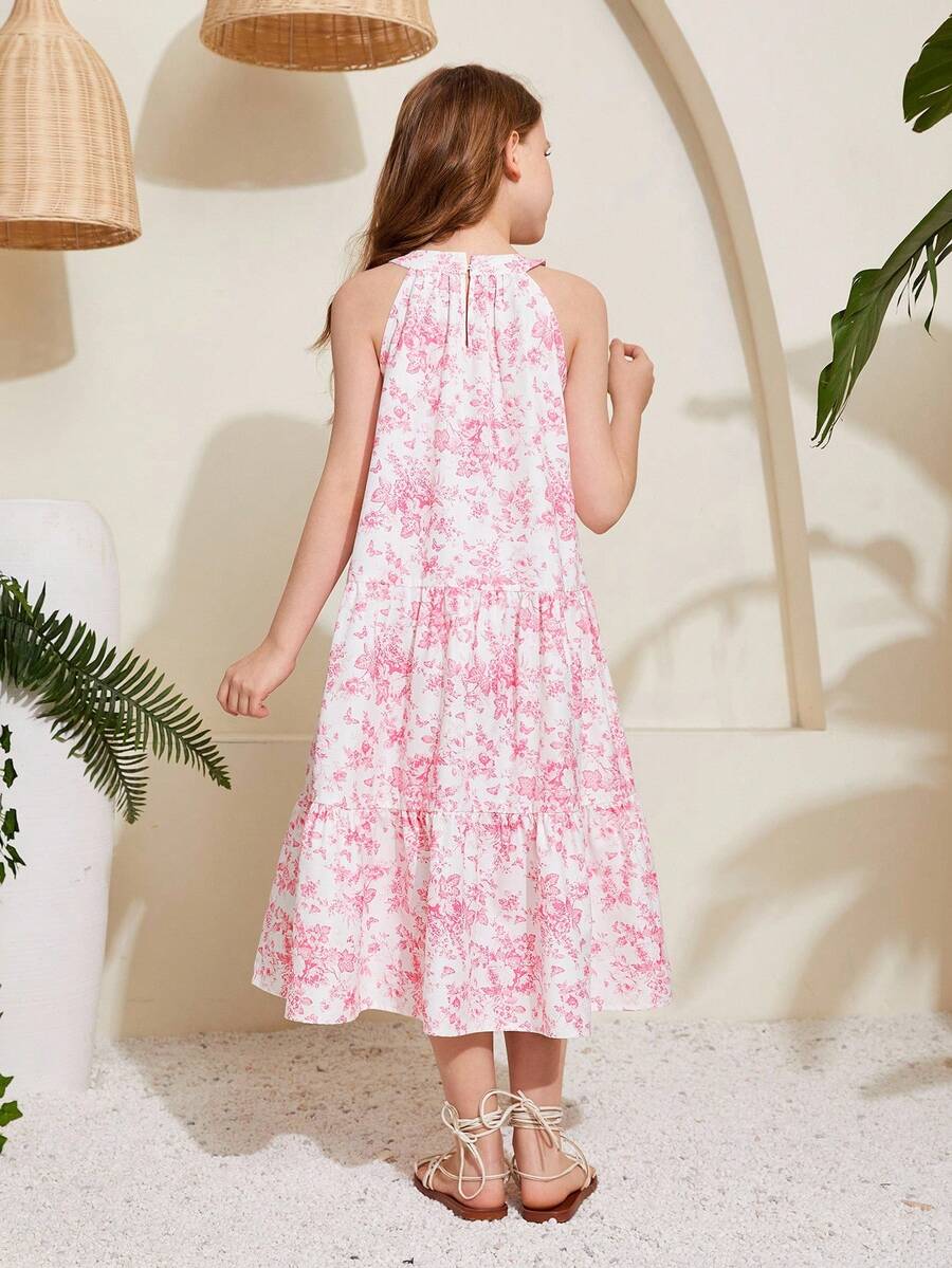 Baby pink floral halter midi dress for tween girls featuring a boho A-line silhouette with ruffle and shirred details.