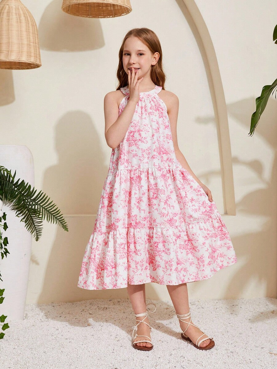 Baby pink floral halter midi dress for tween girls featuring a boho A-line silhouette with ruffle and shirred details.